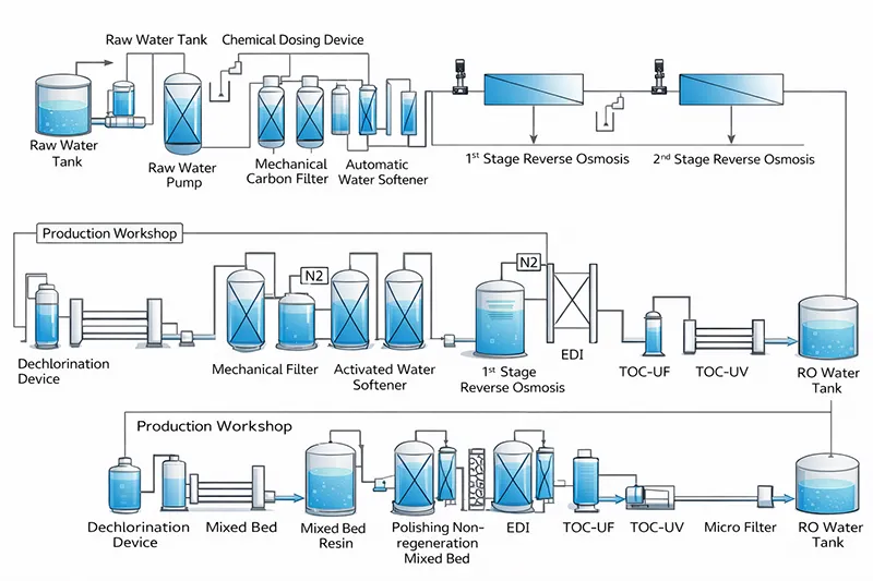 Industrial-water-treatment process-diagram-fupeng Industrial water treatment process flow diagram showing raw water purification to RO water, including chemical dosing, filtration, softening, reverse osmosis, mixed bed, EDI, TOC-UV